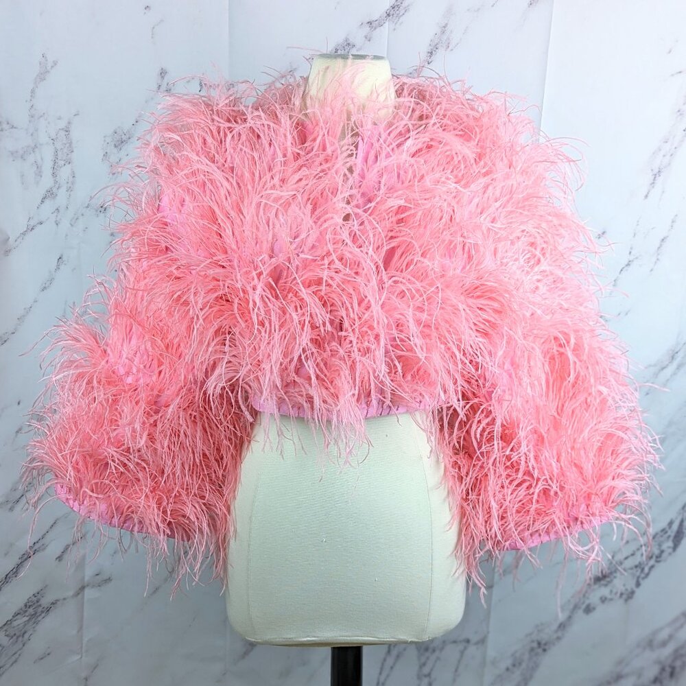 Cult Gaia Paola Pink Ostrich Feather Cropped Jacket NWT Size XS/S